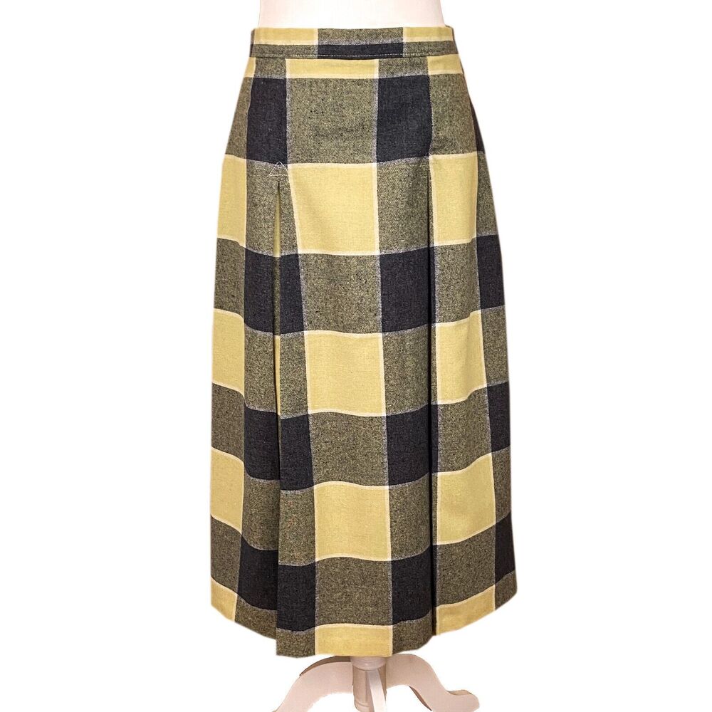 Vintage New Attitude Russ Togs Midi Skirt Sz 14 *Fits like 8* Yellow Black Plaid